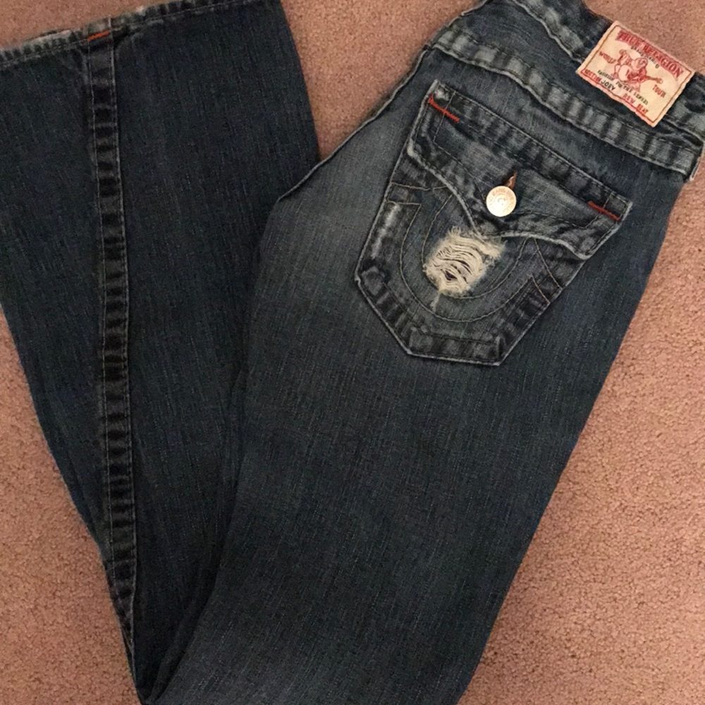 True Religion Dark Wash Bootcut Jeans with Distressed Back Pocket